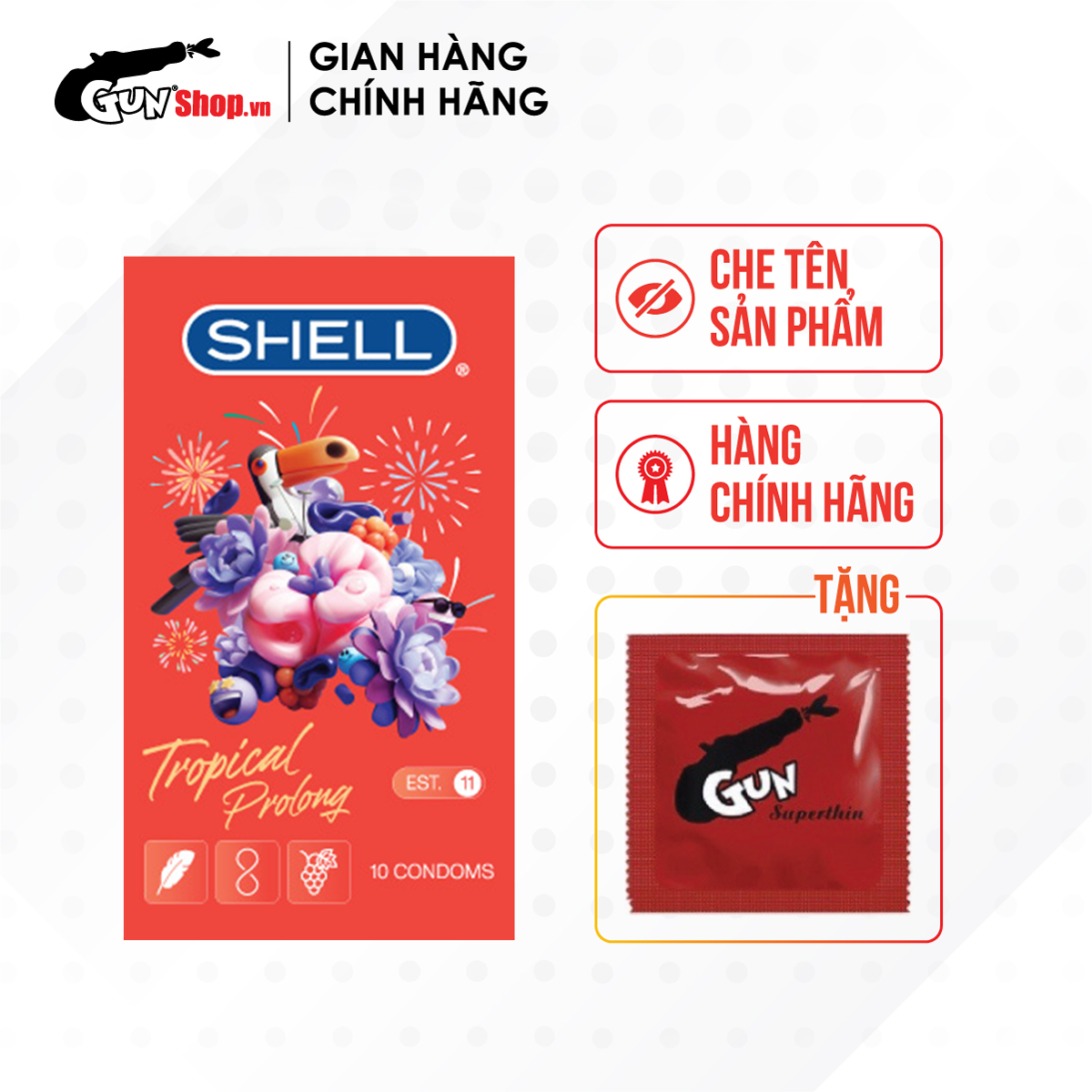 [Hộp 10 cái] Bao cao su Shell Tropical Prolong kéo dài thời gian, hương hoa quả nhiệt đới kèm 1 chiếc bcs Gun Super Thin