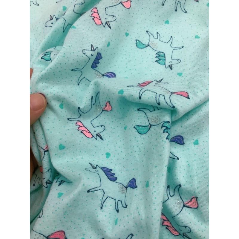 Vải thun cotton hình ngựa Pony nền xanh ngọc (unicorn)