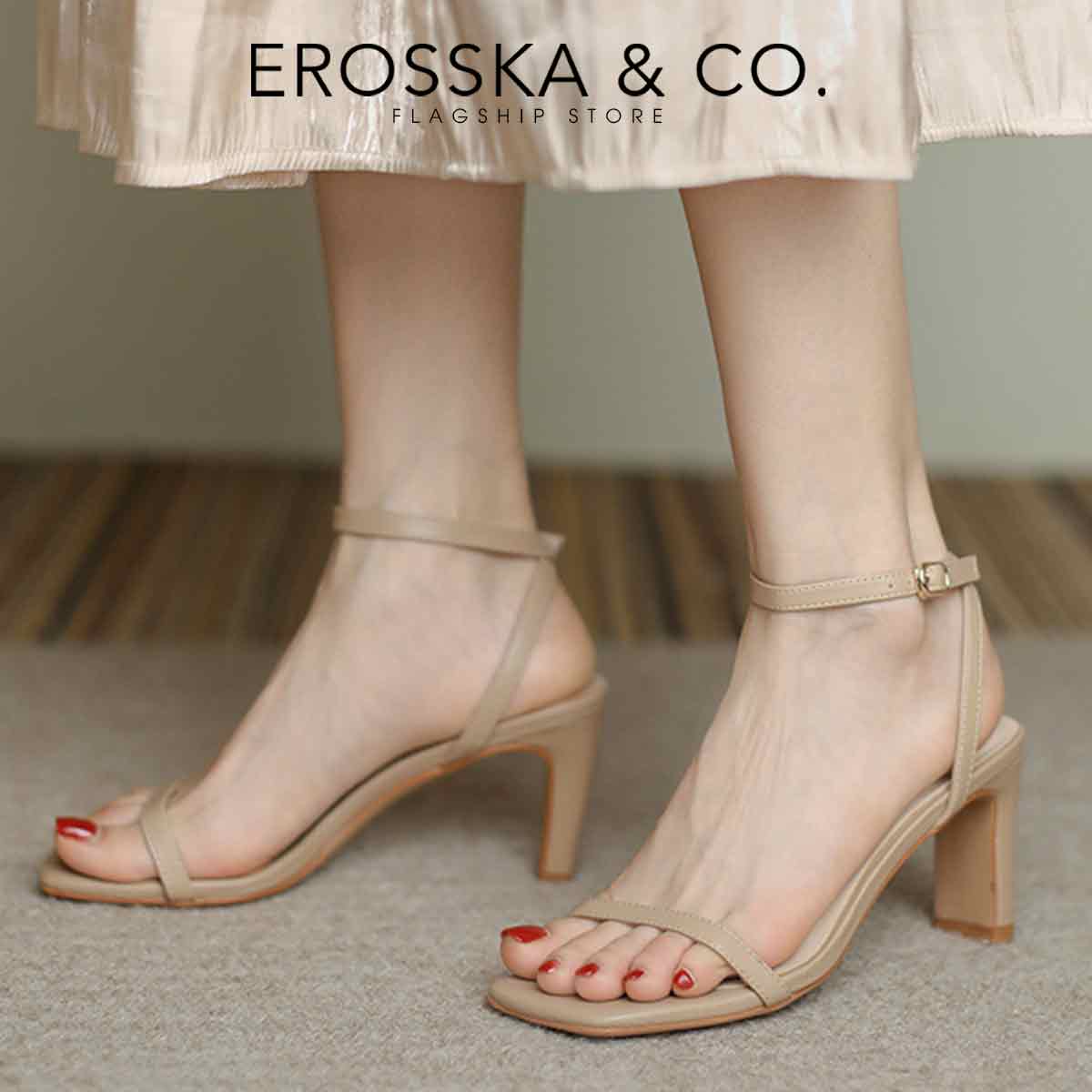 Erosska - Giày sandal cao gót nữ mũi vuông quai mảnh cao 8cm - EB054