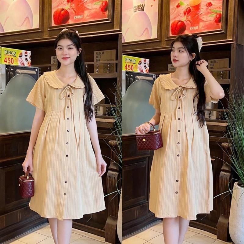 Đầm Bầu Đũi Gân Phom Suông Cổ Sen Bèo Phối Nút Váy Bầu Dễ Thương, Nhẹ Mát Size M L - Kem
