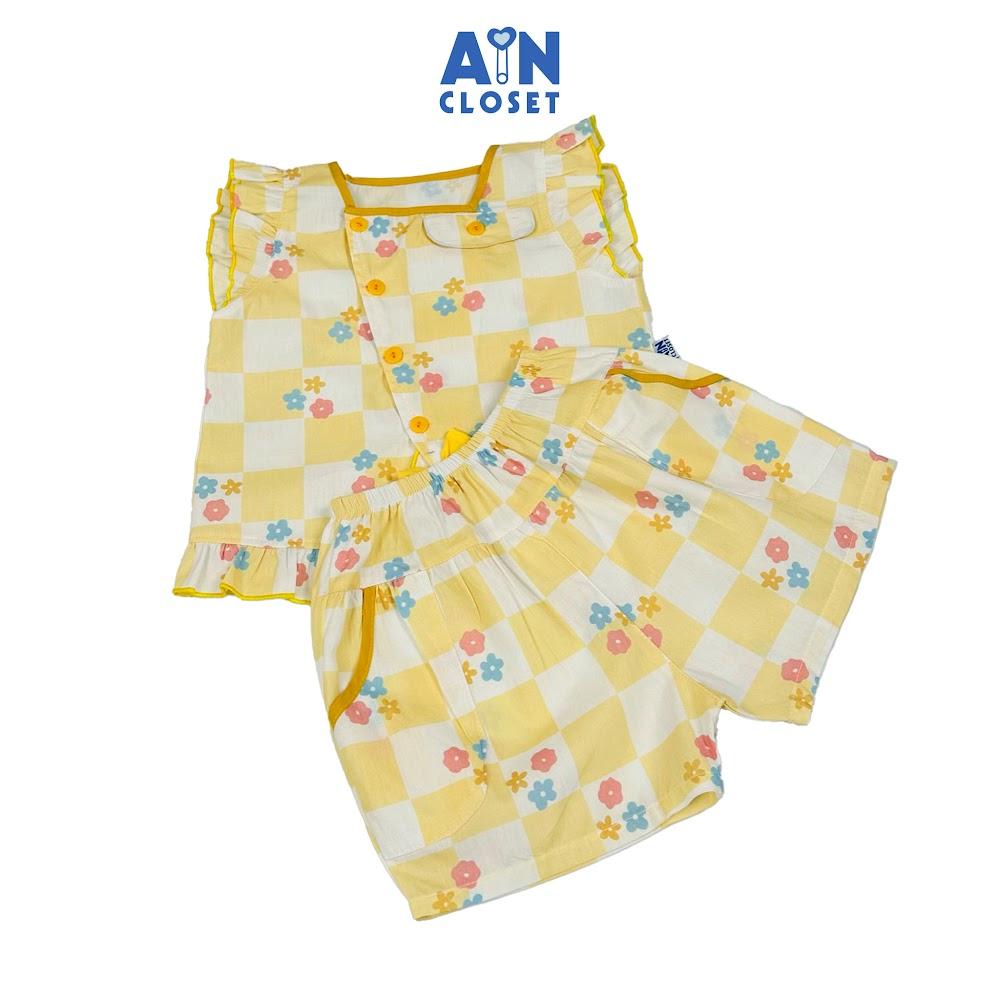 Bộ quần áo Ngắn bé gái họa tiết Caro Hoa Vàng cotton - AICDBGL3XZCM - AIN Closet