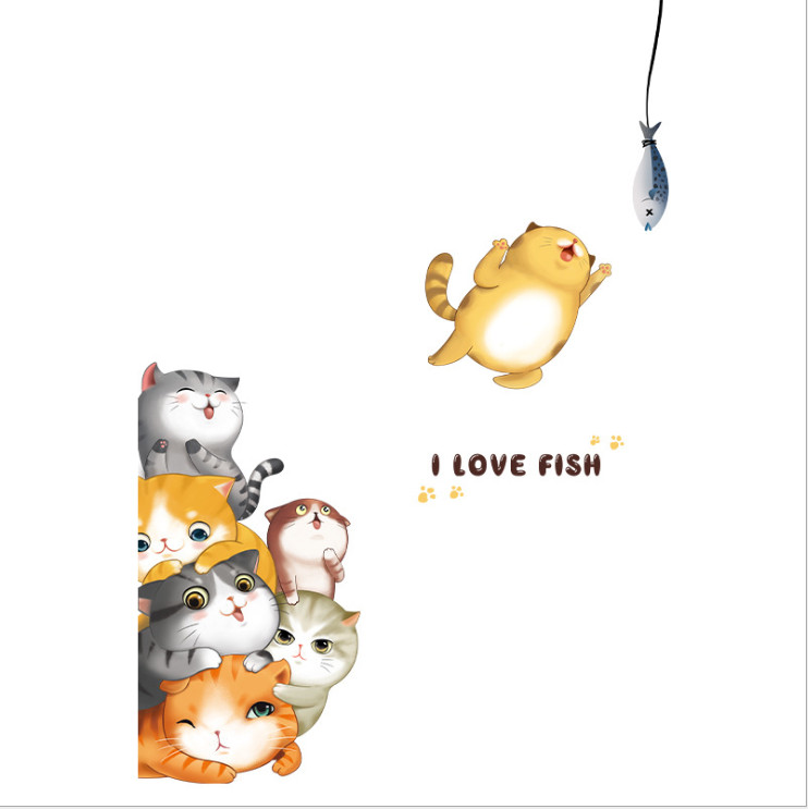 Decal dán tường mèo con dễ thương I love fish đủ màu trang trí nhà cửa đẹp, sáng tạo