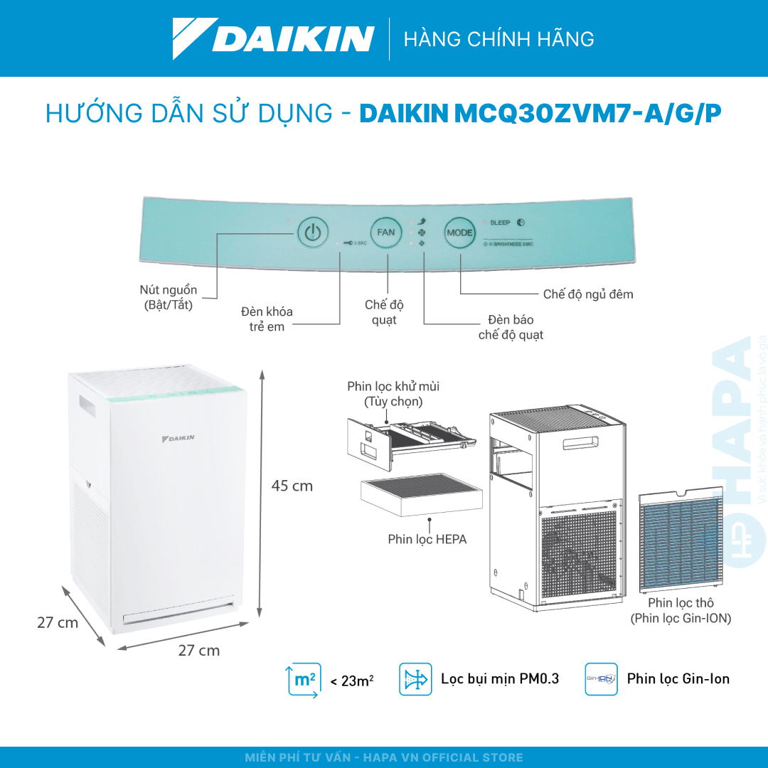 Máy Lọc Không Khí DAIKIN MCQ30ZVM7-A/G/P 3 Màu Tùy Chọn, Công nghệ HEPA - Hàng Chính Hãng DAIKIN