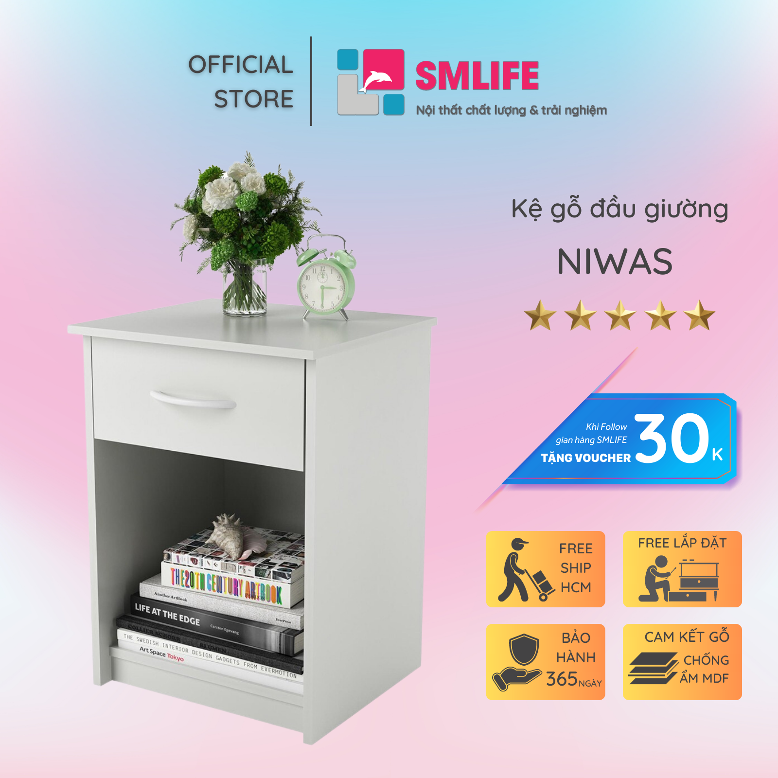 Kệ gỗ đầu giường hiện đại SMLIFE Niwas | Gỗ MDF dày 17mm chống ẩm | D38xR30xC60cm