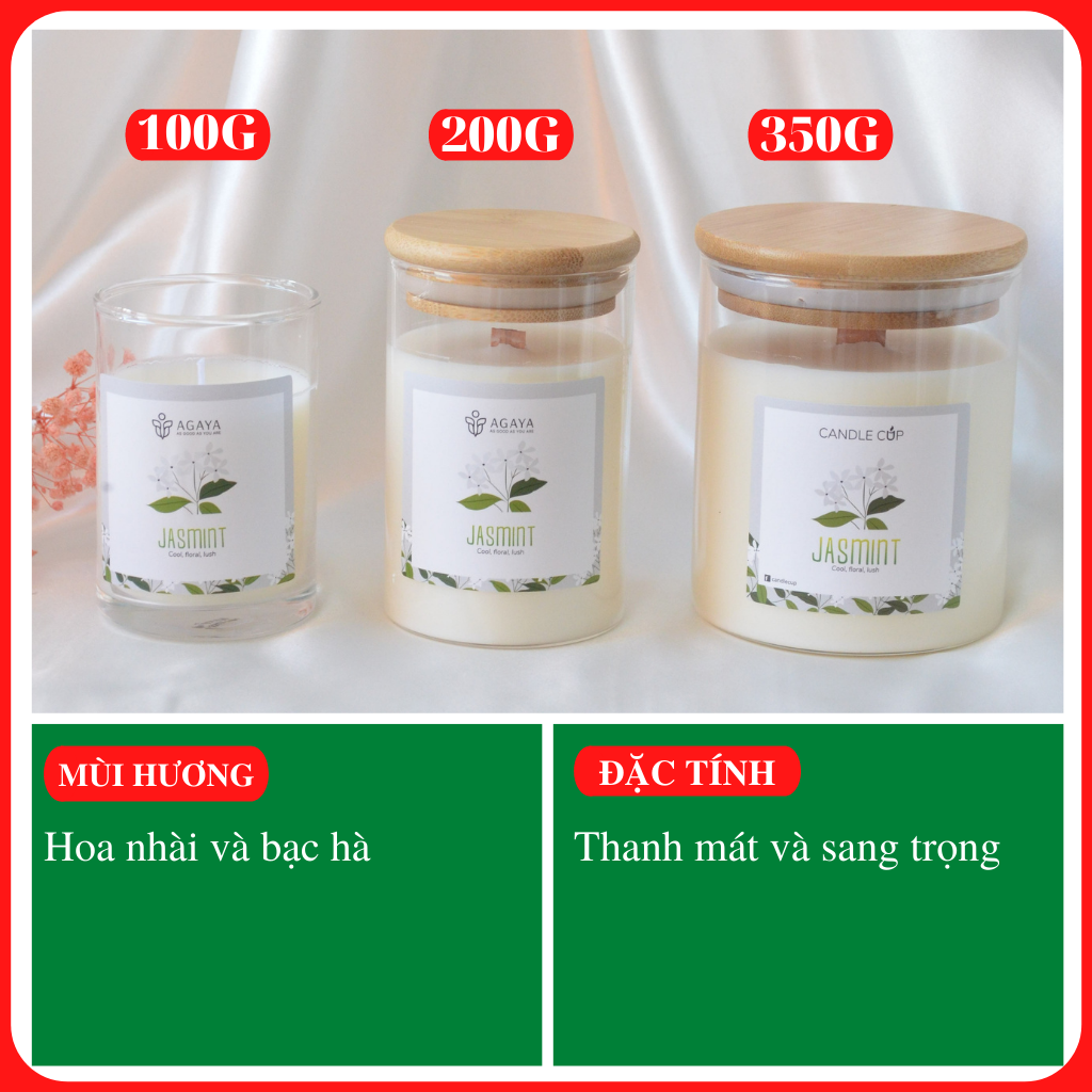 Nến thơm AGAYA (Candle Cup) mùi Jasmint - Nến thơm tinh dầu thiên nhiên mùi thanh mát nhẹ nhàng dễ chịu