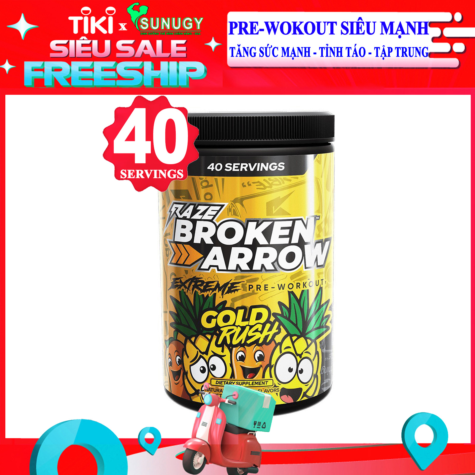 Pre-Workout siêu mạnh Raze Broken Arrow hộp 40 lần dùng hỗ trợ tăng sức mạnh, tỉnh táo, tập trung