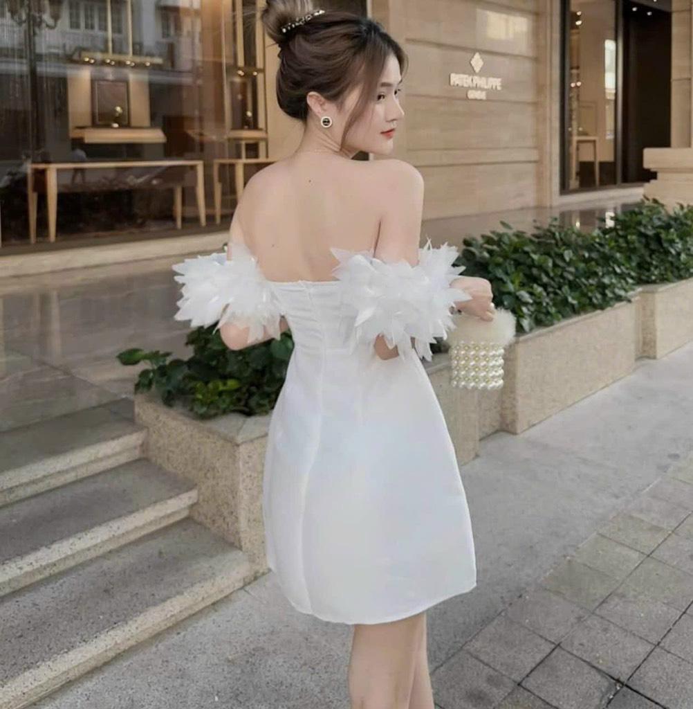 Đầm xòe trễ vai phối tay