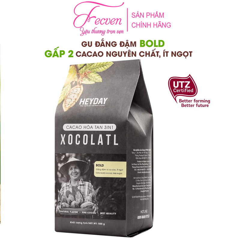 Bột Cacao Sữa Heyday Xocolatl Bold - Cacao Thượng Hạng Và Sữa Tách Béo - Đắng Đậm Vị Cacao, Ít Ngọt - Gu Đắng Đậm - FECVEN