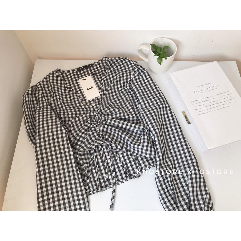 Áo croptop tay dài nhún ngực tôn dáng, áo đi biển tay phồng caro 2 màu, áo dây rút kiểu dáng hàn quốc, vải cotton mát