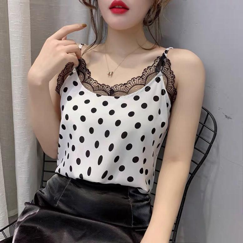 Áo 2 dây chấm bi viền ren
