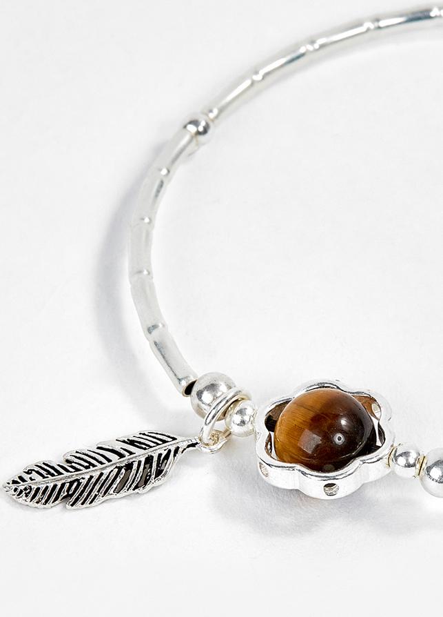 Vòng Bạc Hạt Đá Mắt Hổ Vàng Nâu Phối Charm Lá Ngọc Quý Gemstones