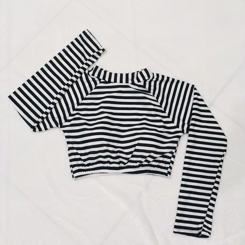 Đồ bơi nữ Bikini 2 mảnh croptop họa tiết kẻ sọc tay dài quần đùi thun lạnh co dãn 4 chiều DBN004