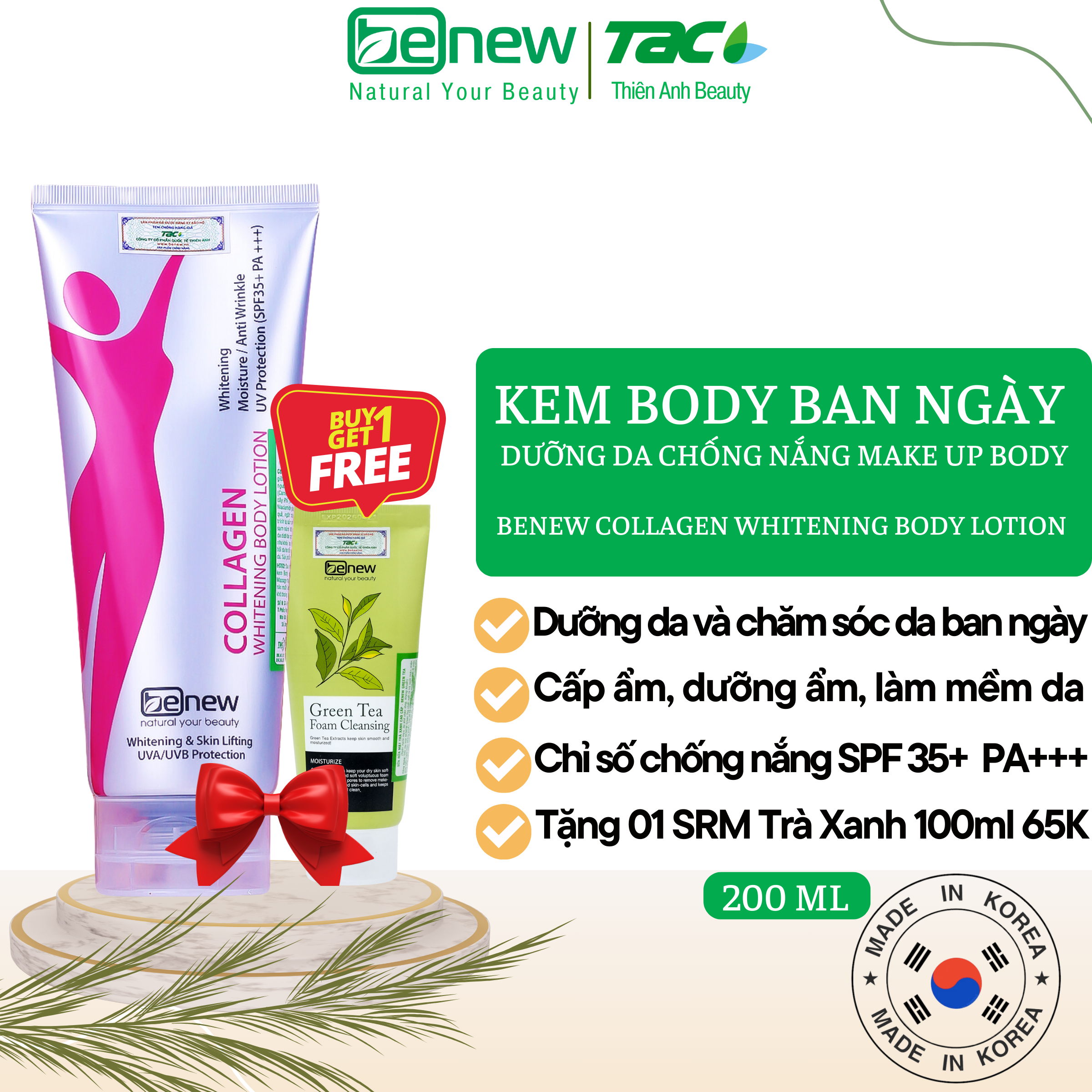 Kem Body Ban Benew Collagen Whitening Body Lotion Ngày Dưỡng Da Chống Nắng 200ml Tặng Sữa rửa mặt Benew Trà Xanh 100ml Skincare Dưỡng Body Làm Đẹp Da Nữ Women