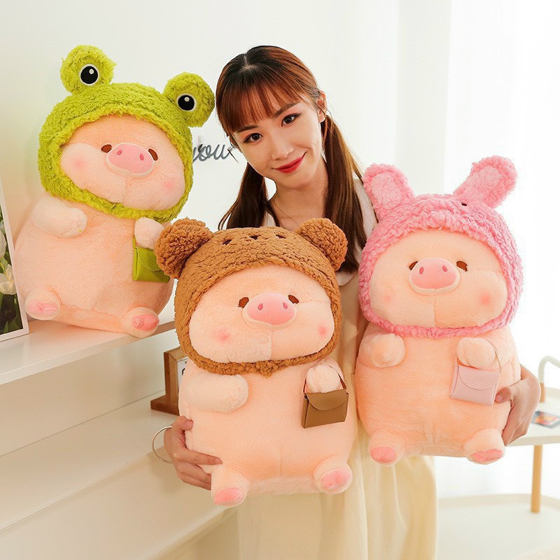 Gấu bông heo LULU mũ len nhiều màu sắc, có túi xách dễ thương, đủ size, siêu mềm mịn