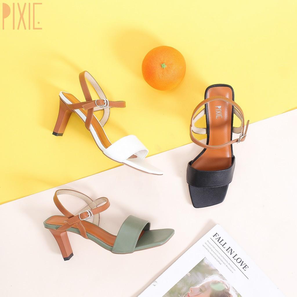 Giày Sandal Cao Gót 6cm Quai Bản To Mix 2 Màu Pixie X484