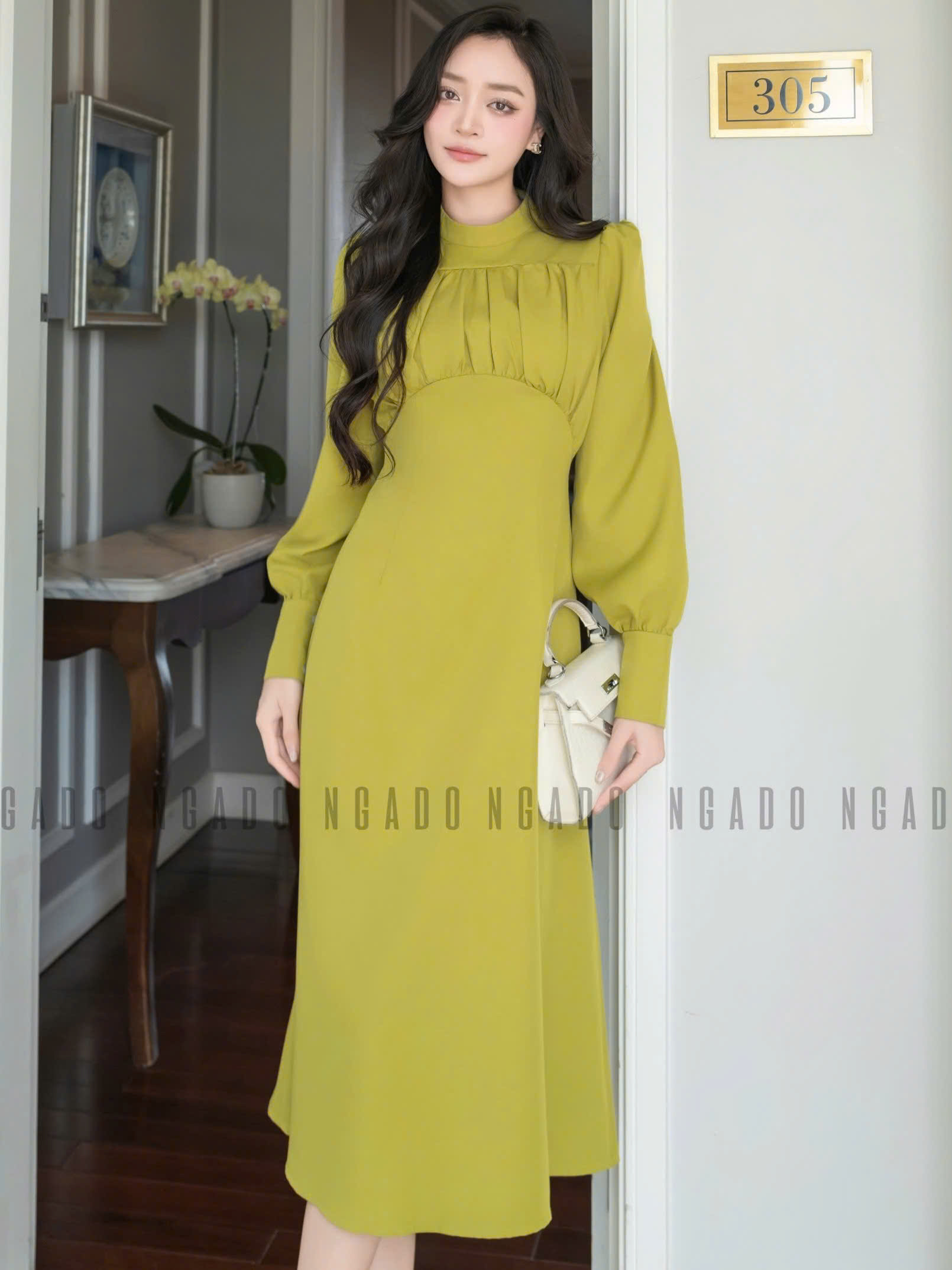 Đầm xanh bơ tay dài NGADO , đầm công sở , đầm dự tiệc