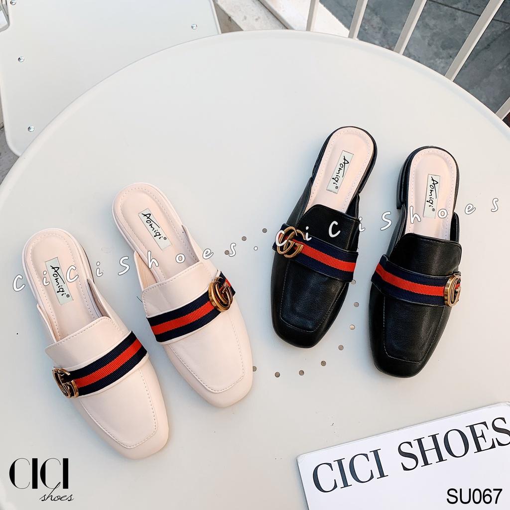 Giày cao gót nữ CiCi Shoes gót da 1cm, dép sục da khoá đồng đai xanh đỏ - SU067