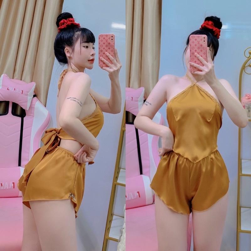 Đồ Ngủ Nữ, Đồ Ngủ Sexy Lụa 2 Dây yếm phối ren, Freesize 40_58kg, tuỳ chiều cao