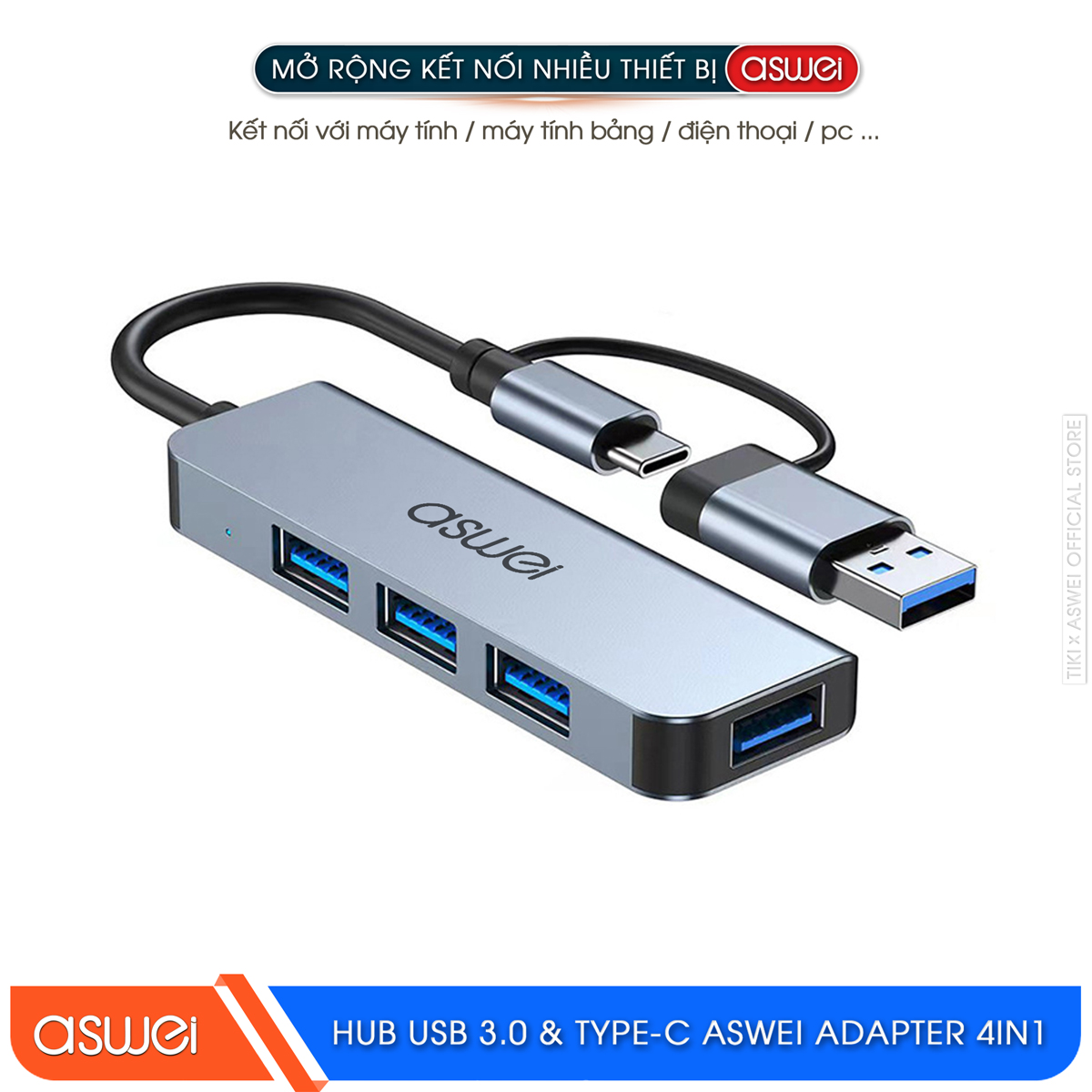 Hub USB 3.0 Và Hub Type C ASWEI 4 in 1 To 4 USB 3.0 - Hàng Chính Hãng