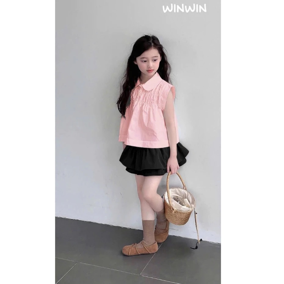 Set Váy Bé Gái, Bộ Bé Gái Áo Sơ Mi Kiểu Nhún Ngực Kèm Chân Váy 2 Tầng Từ 12-45KG Dành Cho Bé Gái