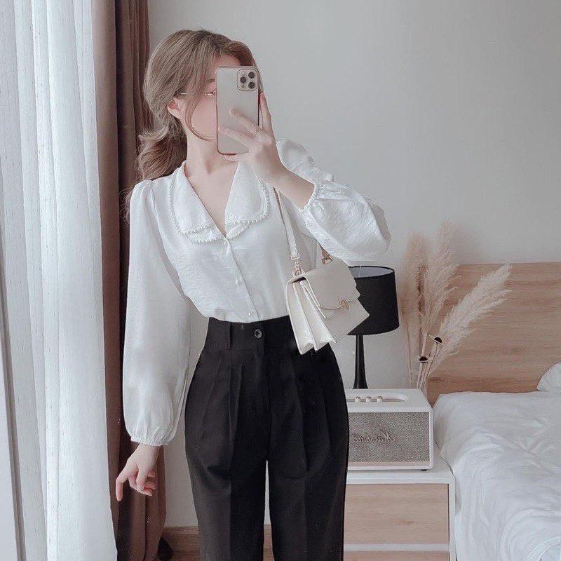 Áo Sơ Mi Cổ Bẻ Viền Ngọc Đi Học Đi Làm Siêu Xinh