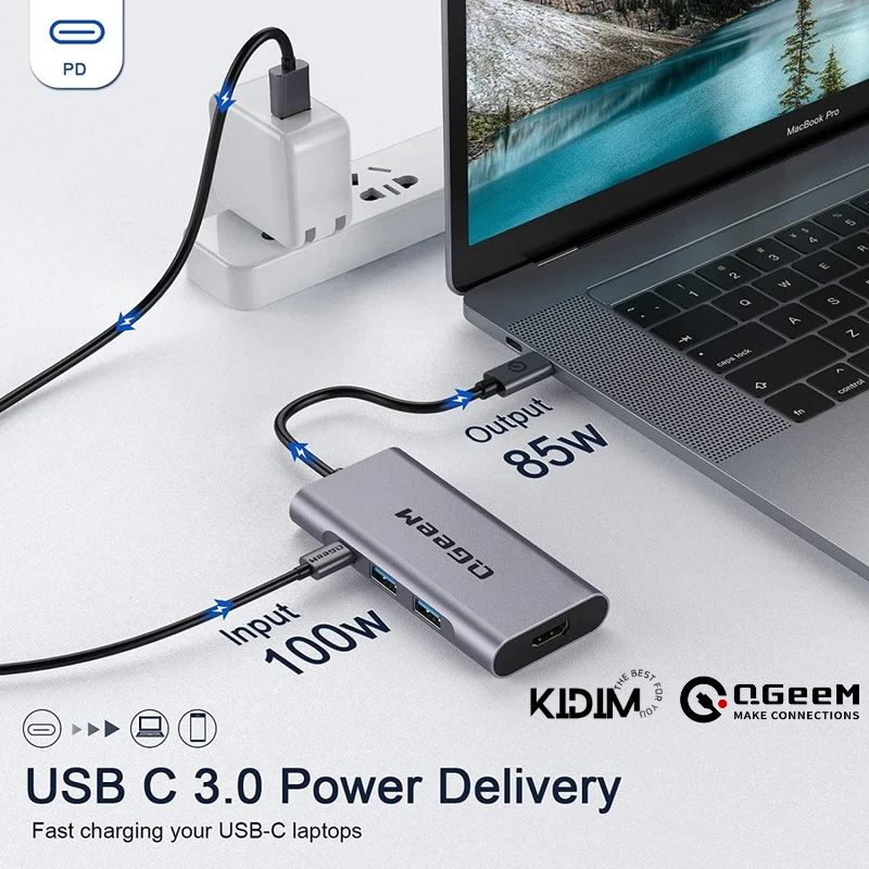 Hub Chuyển Đổi QGeeM Type C 7 trong 1 hỗ trợ chip M1 M2 Type C(Thunderbolt 3) sang HDMI 4K, 1 x USB-C sạc nhanh PD 100W, 3 x USB 3.0, 1 khe đọc thẻ SD&amp;TF - Hàng Chính Hãng