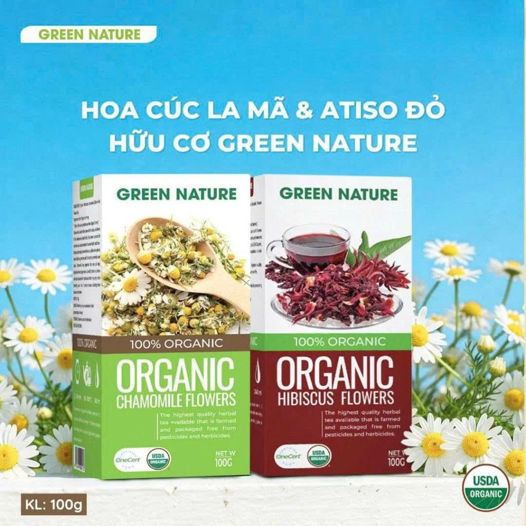 Combo Mix Hoa Cúc La Mã Và Hoa Bụp Giấm Nguyên Bông Hữu Cơ Green Nature 100g - Pha Trà Thanh Mát, Đẹp Da, Thanh Nhiệt