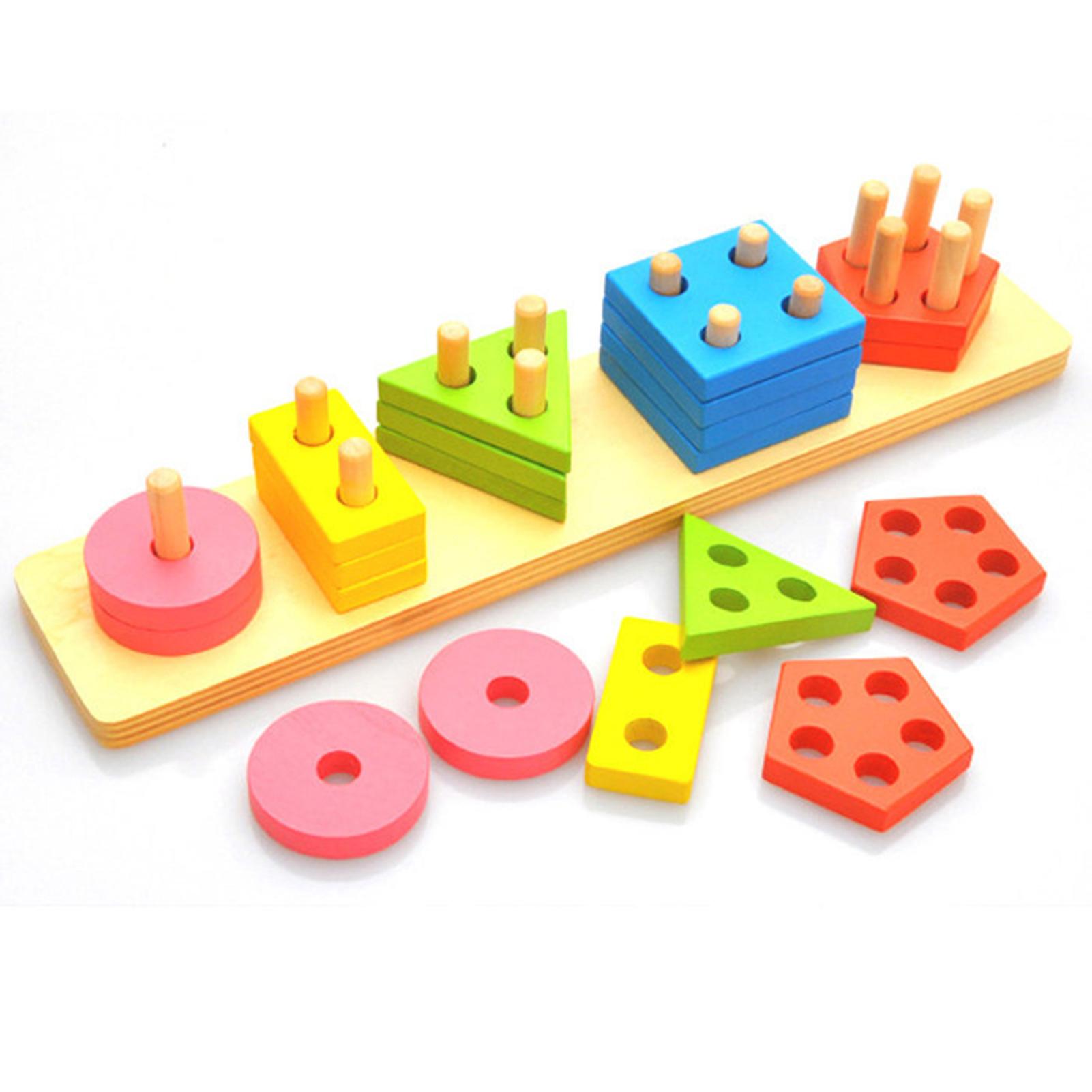 Wooden Geometric Column Toy Shape Color Sorting Blocks Early Educational Learning Tool for Kids Toddlers Preschoolers