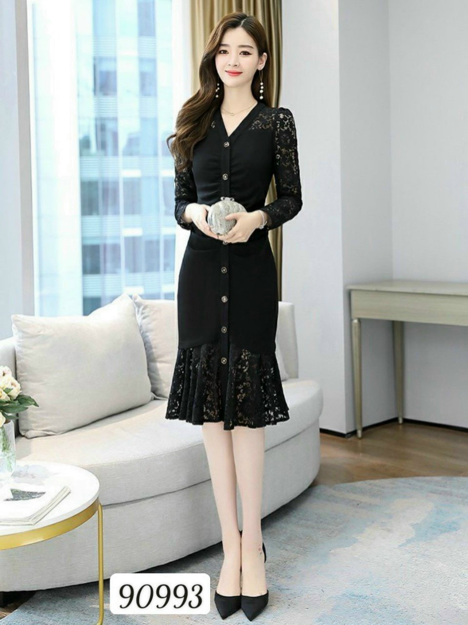 ĐẦM UMI PHỐI REN CỔ TIM D90993