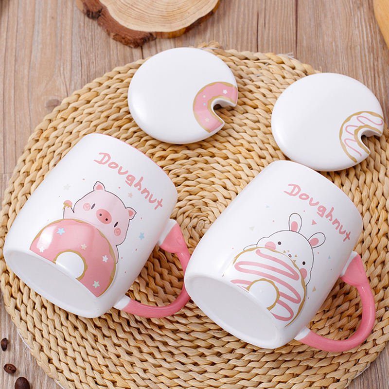 Cốc sứ kèm thìa Thú cưng yêu bánh Doughnut - 400ml (Giao Mẫu Ngẫu Nhiên)