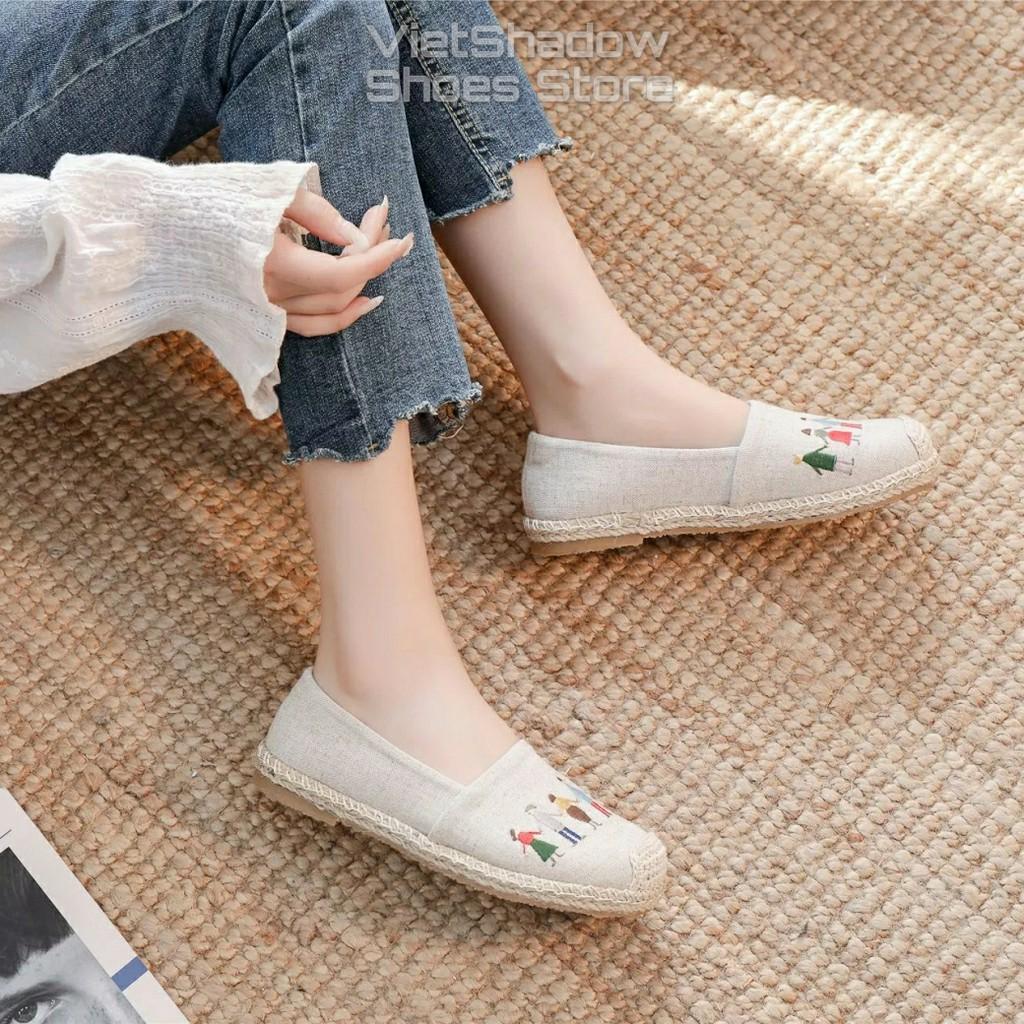 Slip on cói nữ - Giày lười vải thêu - Chất liệu vải bố sợi lanh 2 màu (be) và (xám) - Mã SP X-19