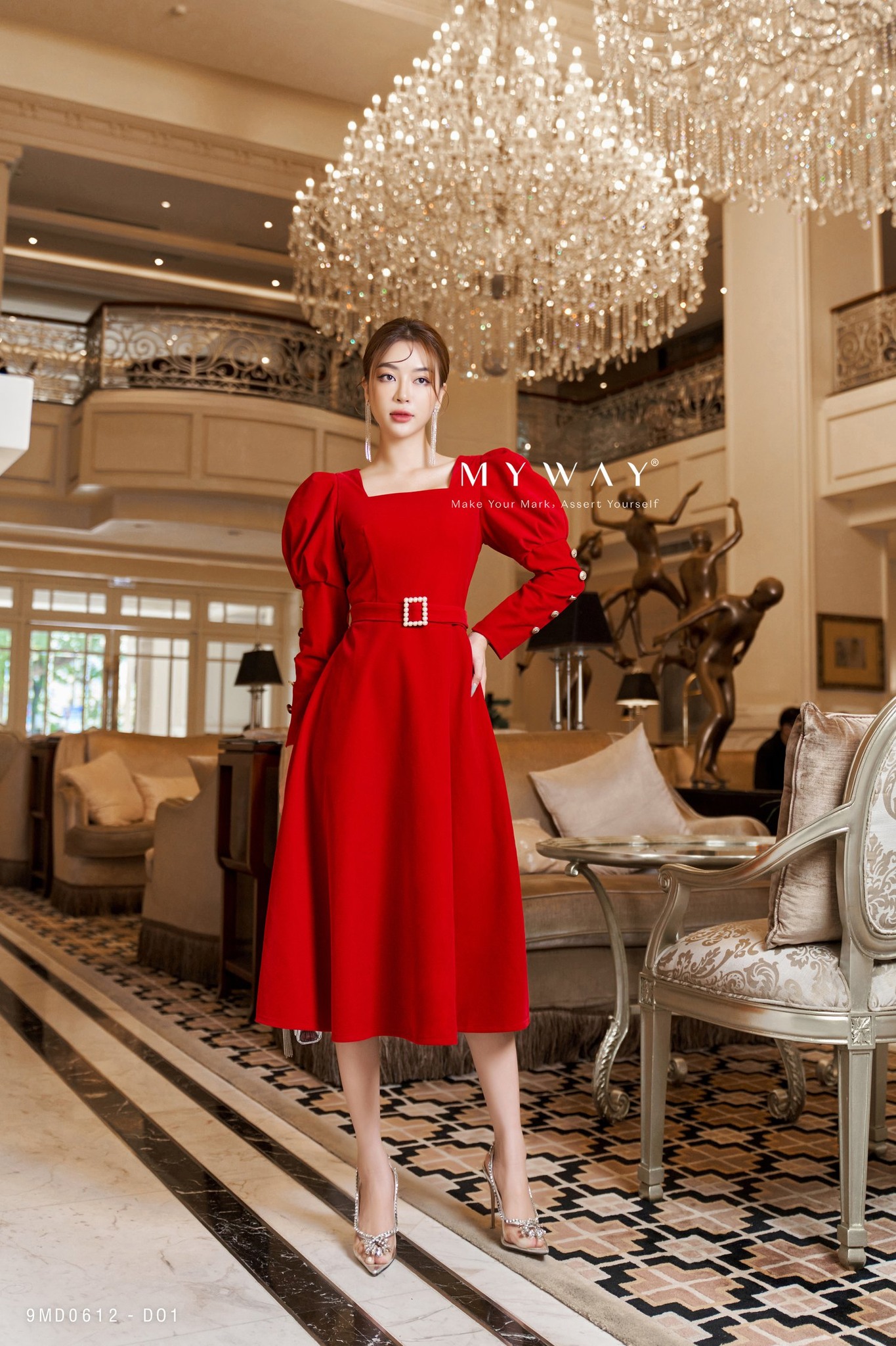 Đầm Nhung Nữ Tay Bồng MY WAY Dự Tiệc Kèm Đai Sang Trọng 9md0612