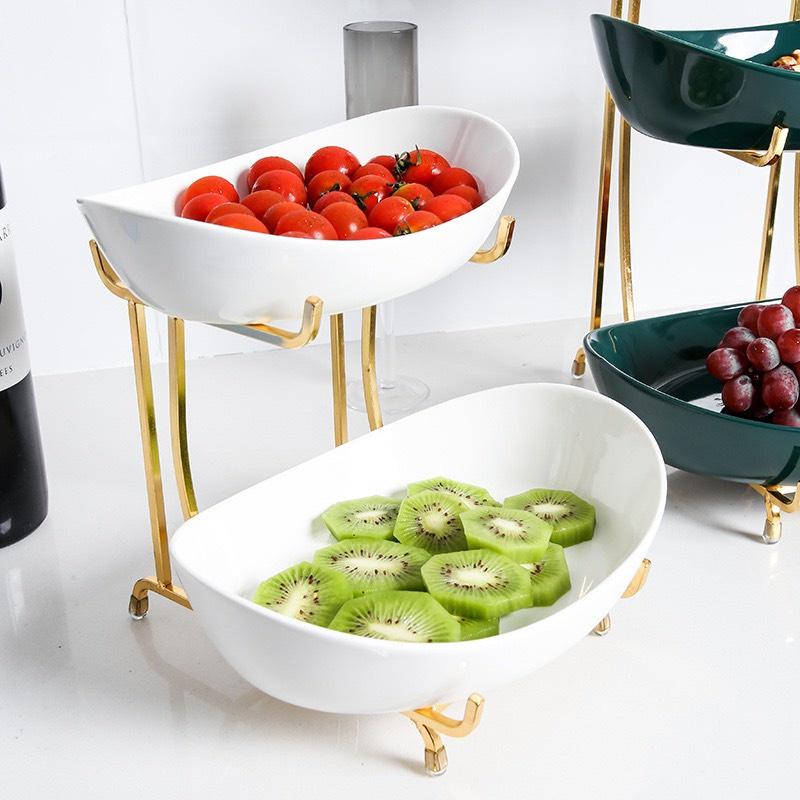 Khay Gốm Đựng Hoa Quả 3 Tầng 2 Màu Xanh, Trắng Phong Cách Bắc Âu - Khung kim loại kèm kệ inox cao cấp