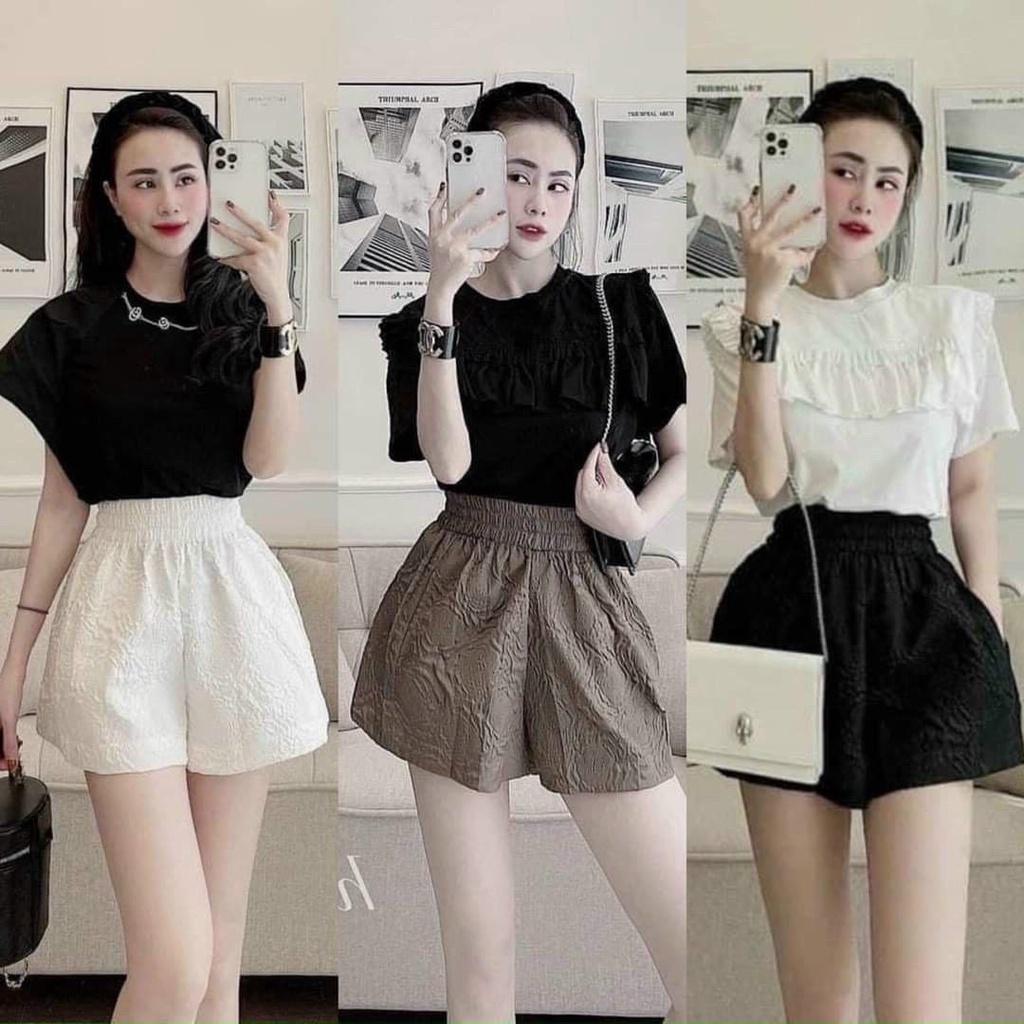 Quần Short Đùi Nữ Dập Nổi 3D Xốp Phồng CHIPY Cao Cấp Short Ống Rộng Sọt Lưng Thun Cạp Cao Sooc Ngắn Unisex Trắng Đen Xám