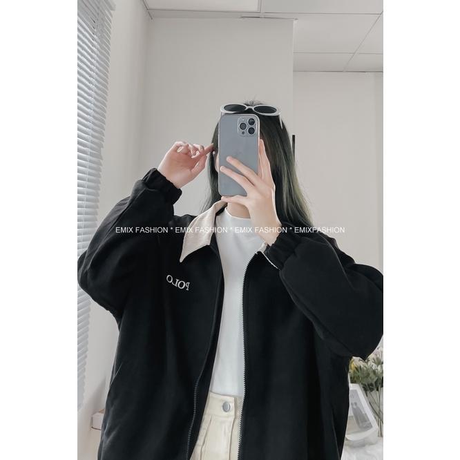 Áo khoác polo EMIX, áo mùa đông phối cổ nhung, dài tay, freesize dưới 60kg 954