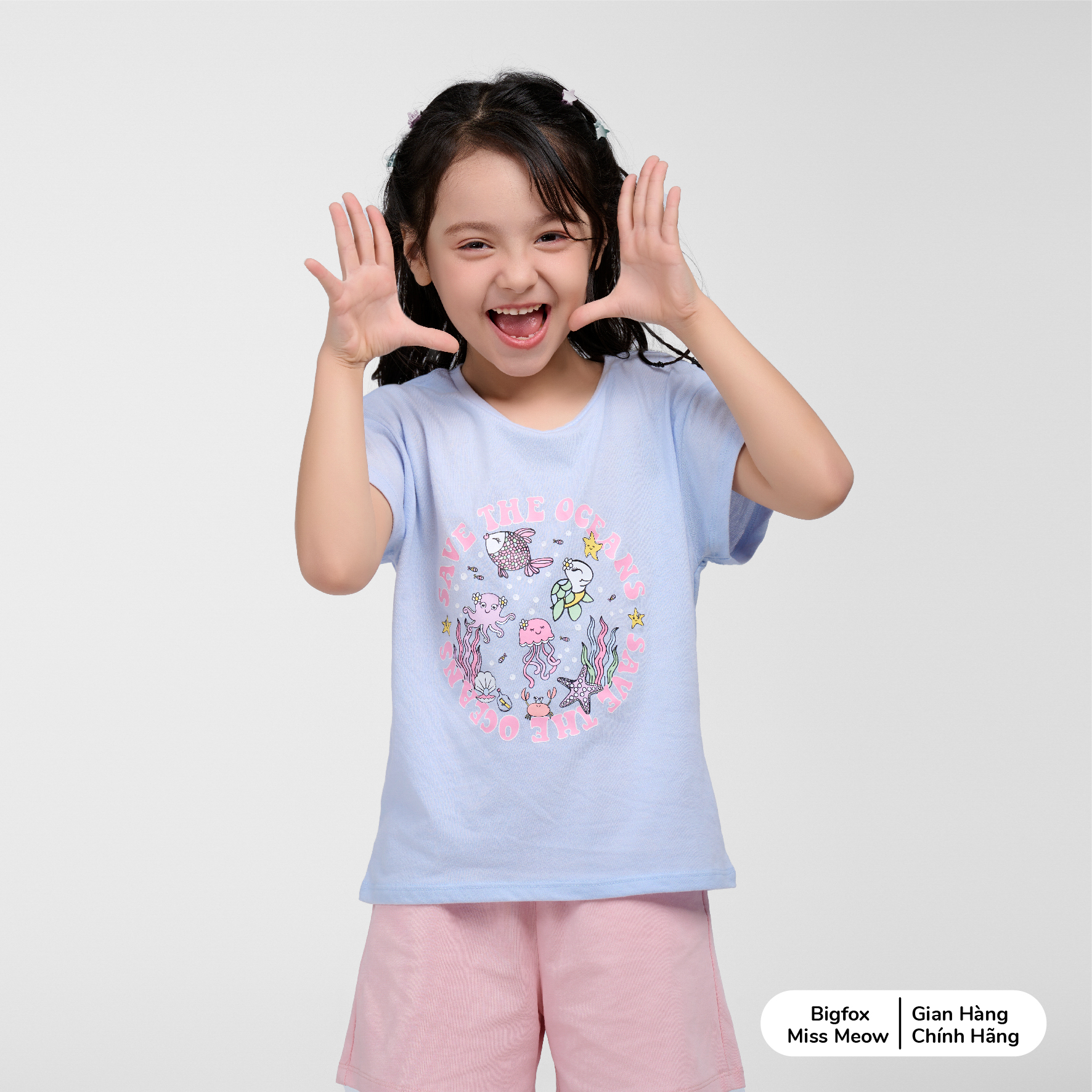 Bộ bé gái cộc tay Bigfox Miss Meow size đại mùa hè vải cotton cỡ 3,6,9,11 tuổi 30kg 40kg