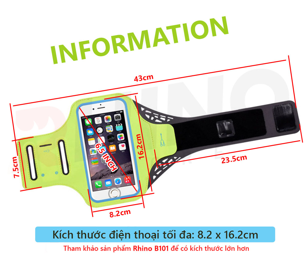 Bao, Túi đựng Điện Thoại tới 6.5 Inch Đeo tay chạy bộ ,Tập thể dục Rhino B103 Kháng nước, chống thấm, có thể cắm tai nghe phù hợp điện thoại Samsung, Iphone, Sony, Xiaomi,... - Hàng chính hãng