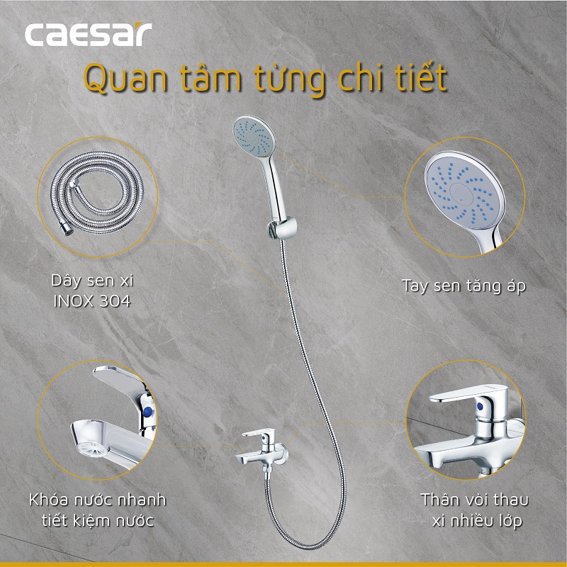Vòi sen tắm lạnh gắn tường Caesar S063C tay dây sen xi