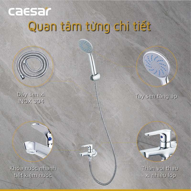 Vòi sen tắm lạnh gắn tường Caesar S063C  tay dây sen xi (bao gồm củ sen và tay dây )