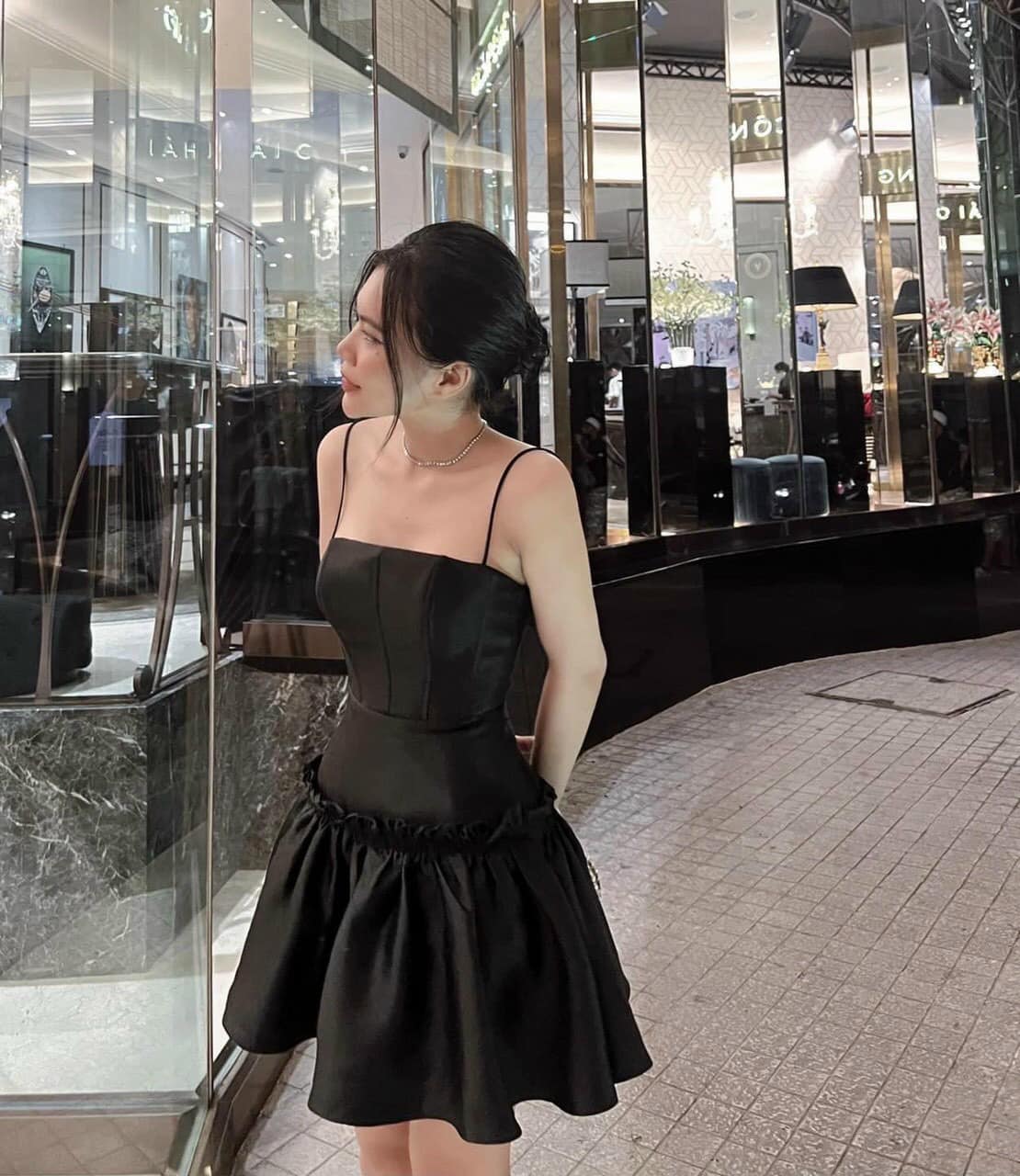 Đầm xòe 2 dây bèo nhún lai quyến rũ