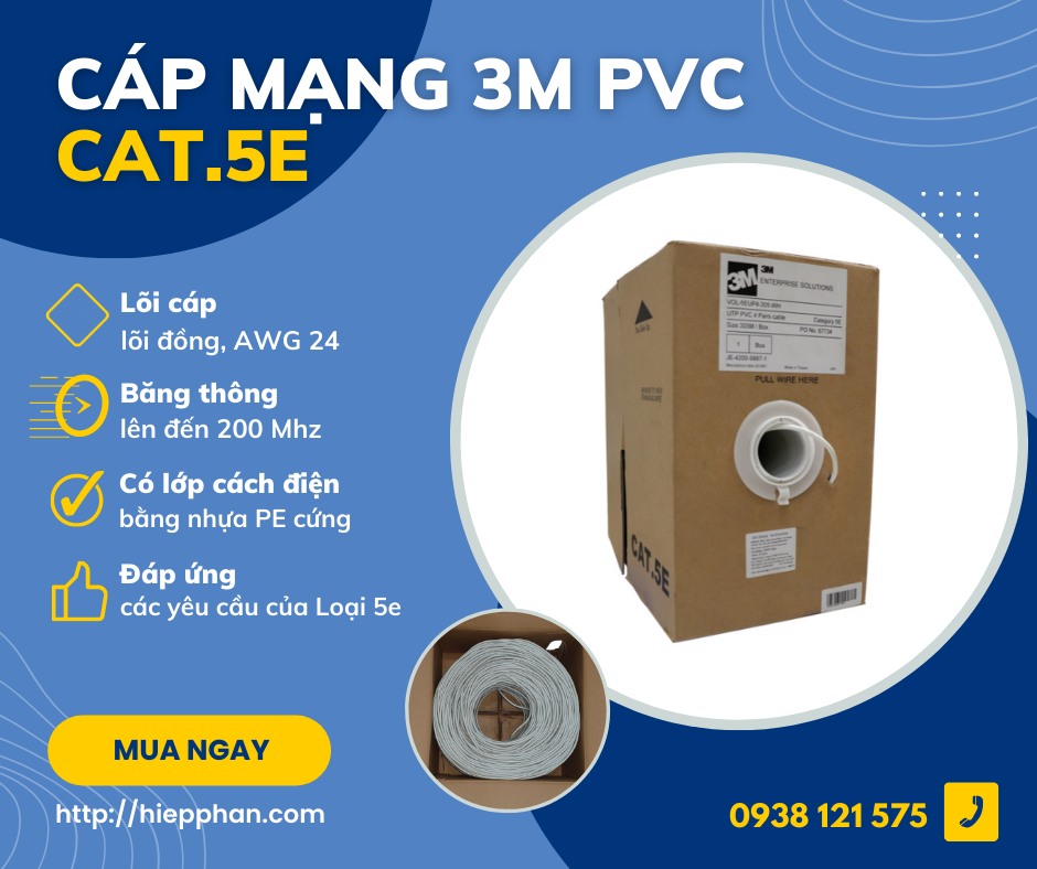 Thùng cáp mạng CAT5E UTP PVC 305m màu trắng 3M - Hàng nhập khẩu