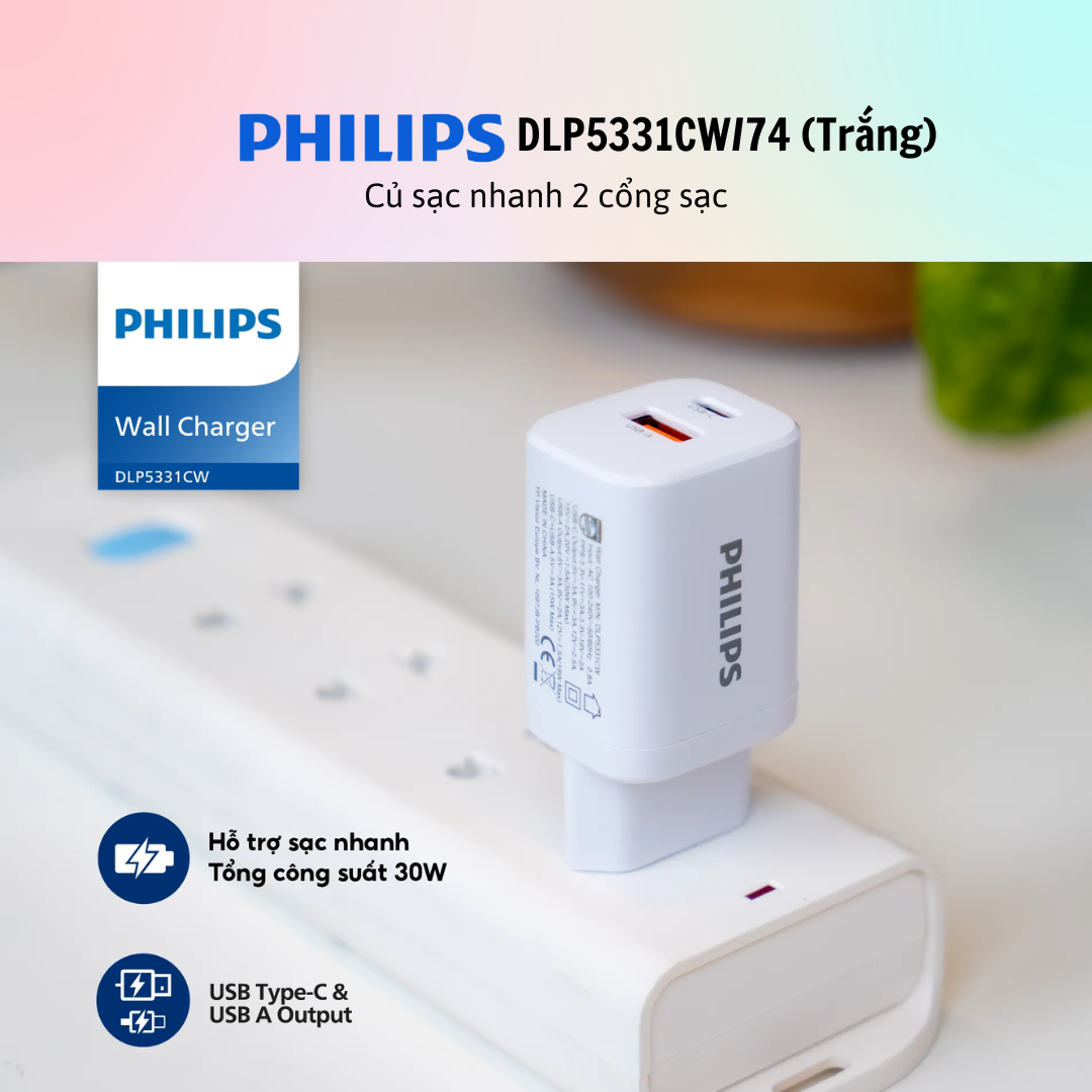 Củ sạc nhanh Philips 2 cổng sạc DLP5331CW/74 - DLP5331CB/74 - Hàng Chính Hãng