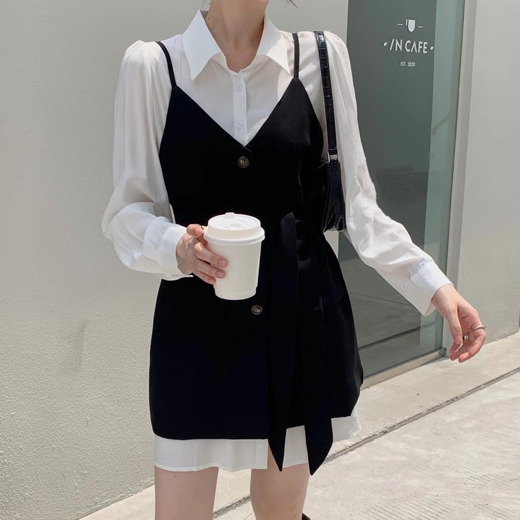 Váy elling nhún ngực phối sơ mi