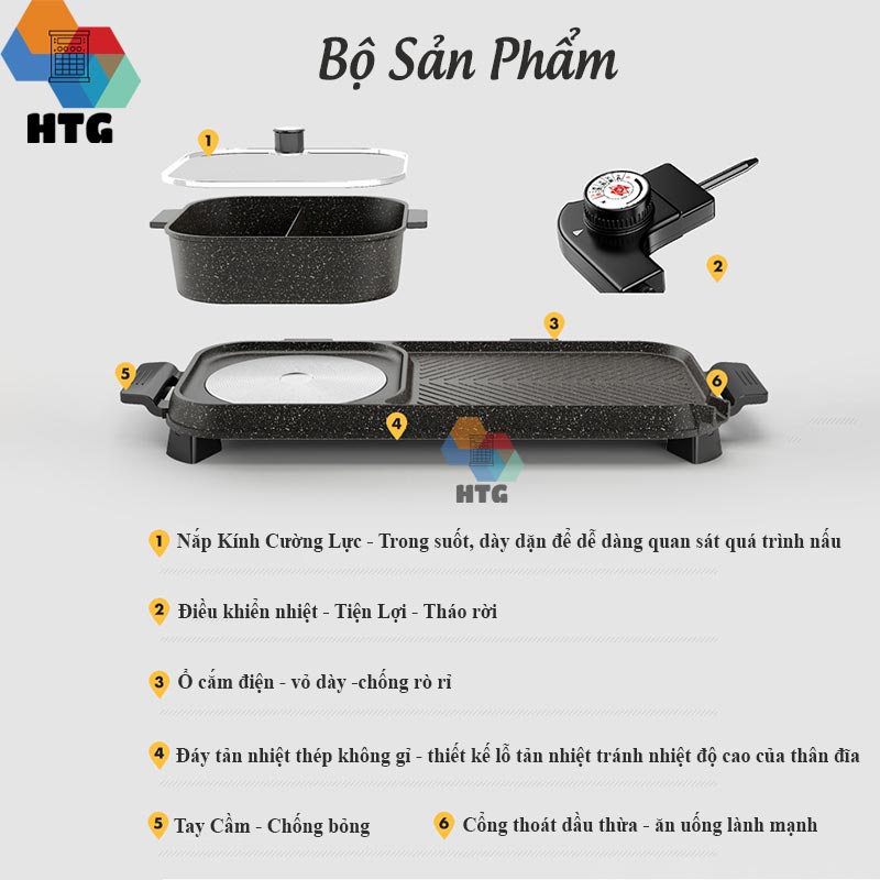 Bếp lẩu nướng 2 trong 1 Suncojia LZW-1702D nồi lẩu 2 ngăn tách rời, dung tích lớn cho gia đình đông, chống dính không khói, hàng chính hãng