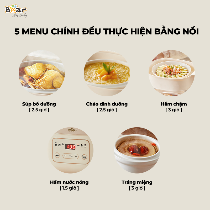 Nồi Nấu Chậm Bear 1,6L Đa Năng 6 Chế Độ Ninh Nấu Hầm Hấp Tiết Kiệm Thời Gian Giữ Trọn Chất Dinh Dưỡng - SB-NNC16 Hàng chính hãng