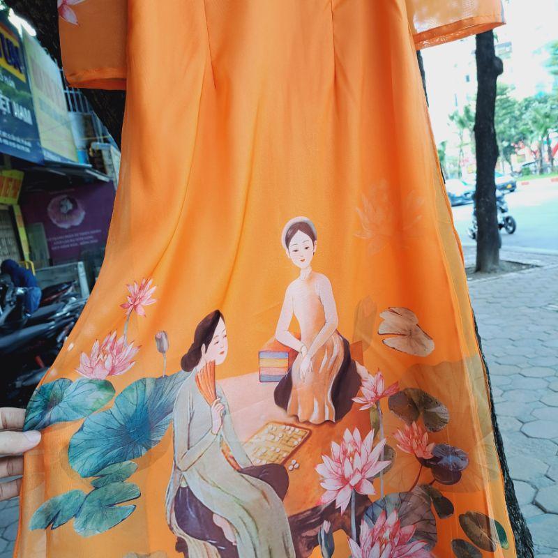 Áo dài cách tân tơ ong 4 tà họa tiết in 3d cao cấp sang chảnh mềm mại