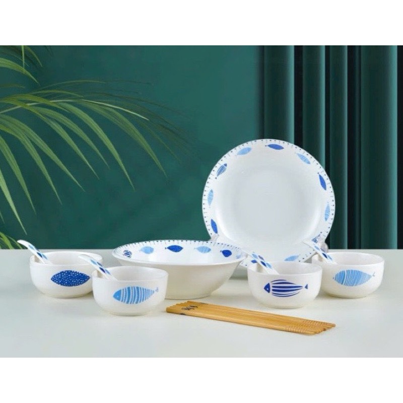 Bộ bát đĩa 14 món hoa văn Nhật Bản cao cấp Vân Phương Shop - Hàng chính hãng