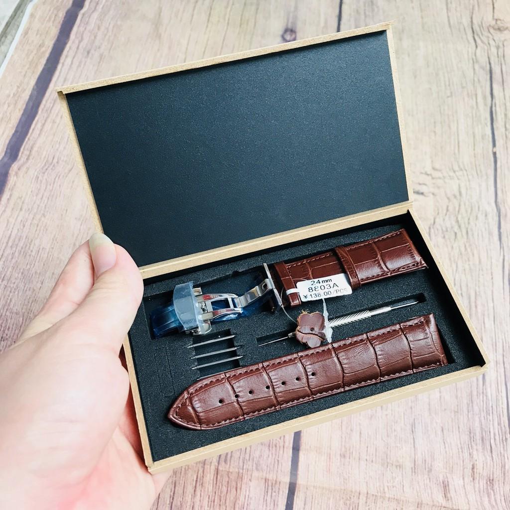 Dây đồng hồ ️️ da bò thật dập vân cá sấu full hộp gỗ, 4 chốt kèm dụng cụ thay dây