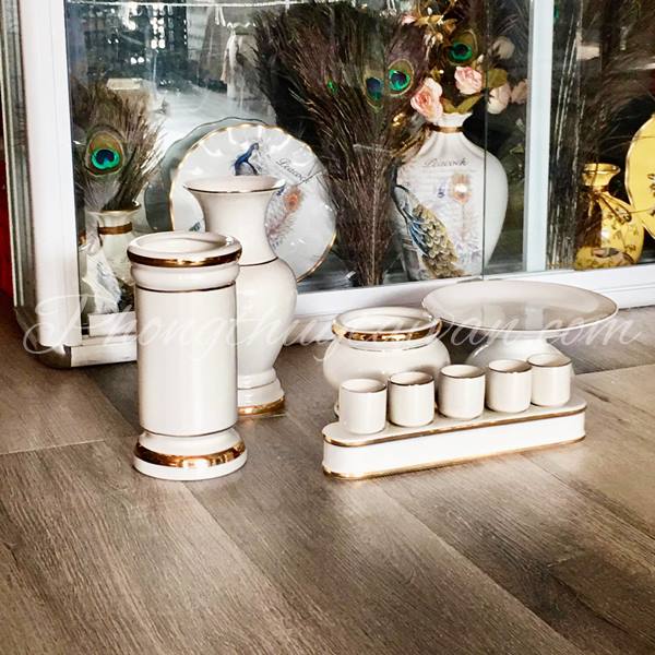 Bộ đồ cúng Sứ Trắng trơn Viền Vàng - thờ cúng