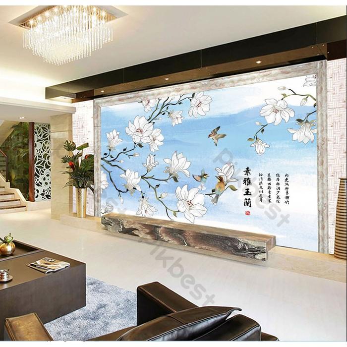 Tranh dán tường Tranh giả vẽ tay hoa mộc lan nghệ thuật, Tranh 3d dán tường hiện đại MS1141981